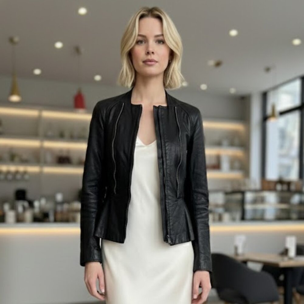 3.1 Phillip Lim Black Leather Peplum Moto Jacket Size 6 NWOT